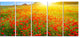 Beautiful Sunshine over Poppy Fields, Floral Canvas Art print, 60"x28", 5 Panels