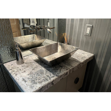 17" Rectangle Wired Rim Vessel Hammered Copper Sink, Nickel