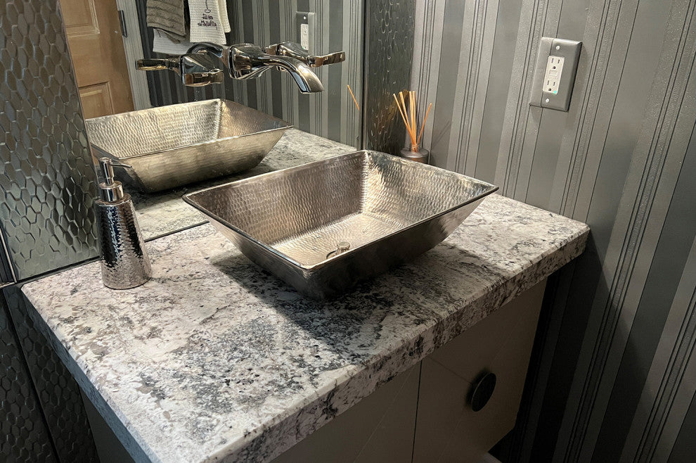 17" Rectangle Wired Rim Vessel Hammered Copper Sink, Nickel