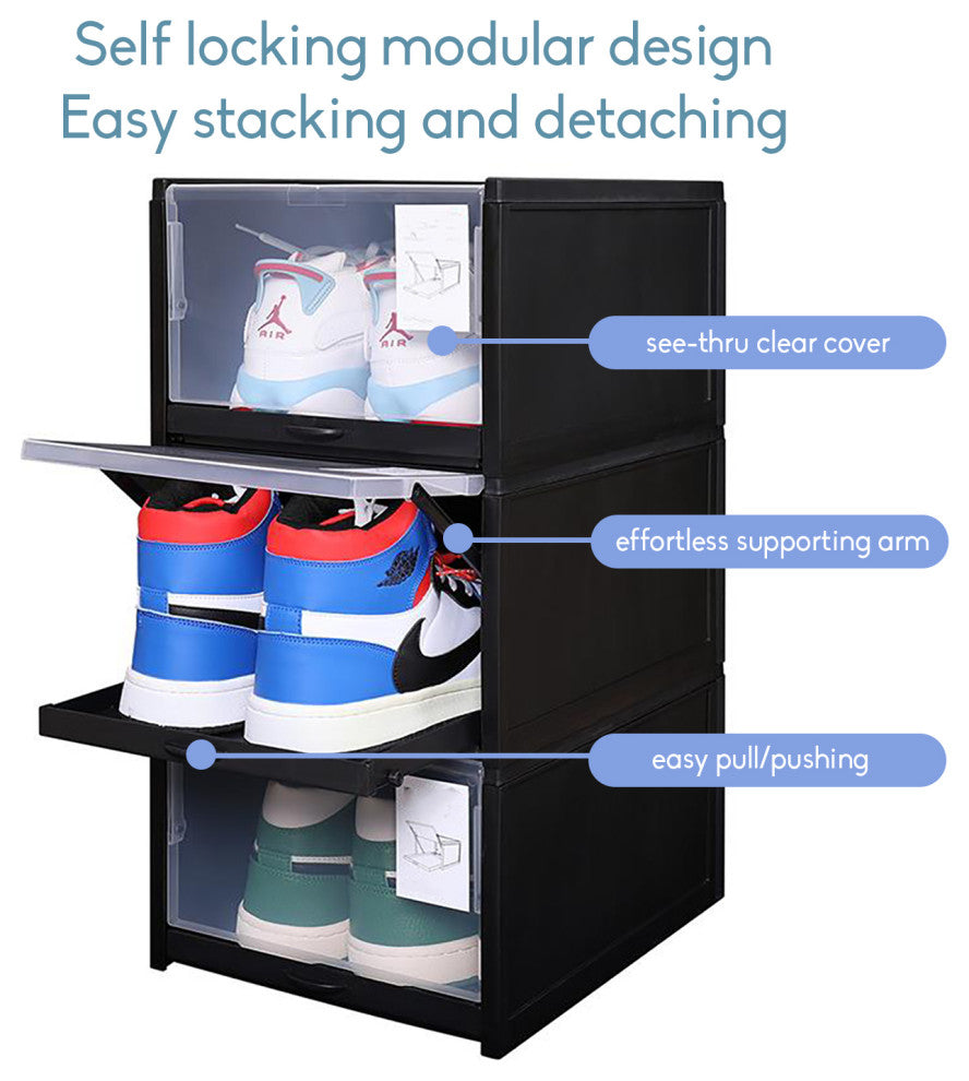 Set of 4 Stackable Shoe Storage Box, Black, Pull-out Sliding Shoe Container