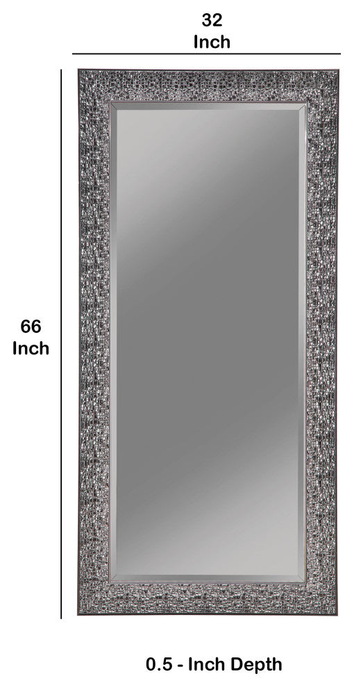 Rectangular Beveled Accent Floor Mirror with Glitter Mosaic Pattern, Gray
