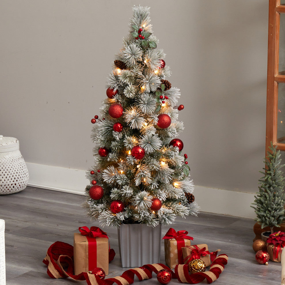 4' Winter Flocked Christmas Tree Pre-Lit With 50 LED Lights, Ornaments, Planter