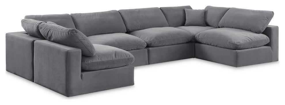 Comfy Upholstered U-Shaped Modular Sectional, Grey, 6-Piece: 4 Armless Chair, 2 Corner Chair, Velvet