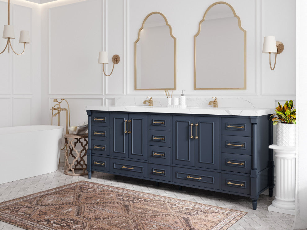Aberdeen 84 Double Sink Bath Vanity in Hale Navy Blue  2" Carrara Marble