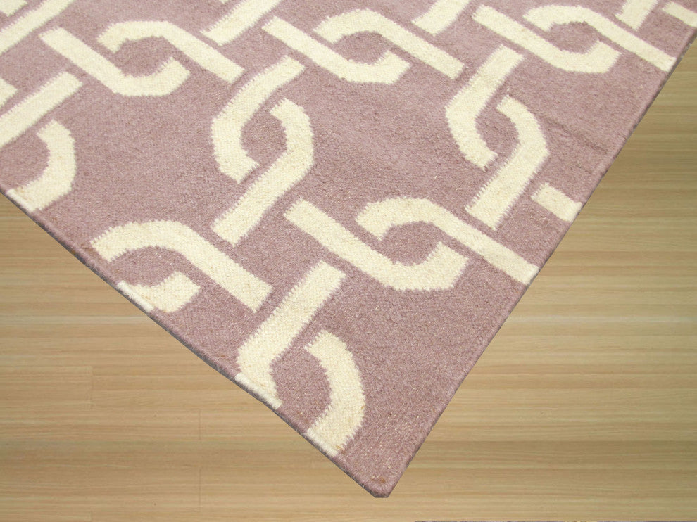 Handwoven Wool Purple Transitional Geometric Links Dhurrie Rug, 6' X 9'