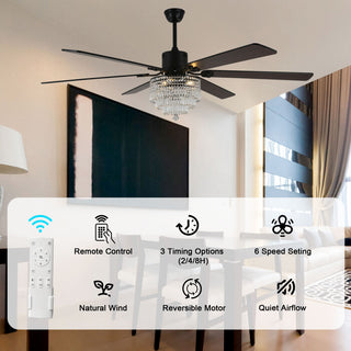 65 inch Crystal Ceiling Fan with Light  and Remote,6-Speed Reversible, Black