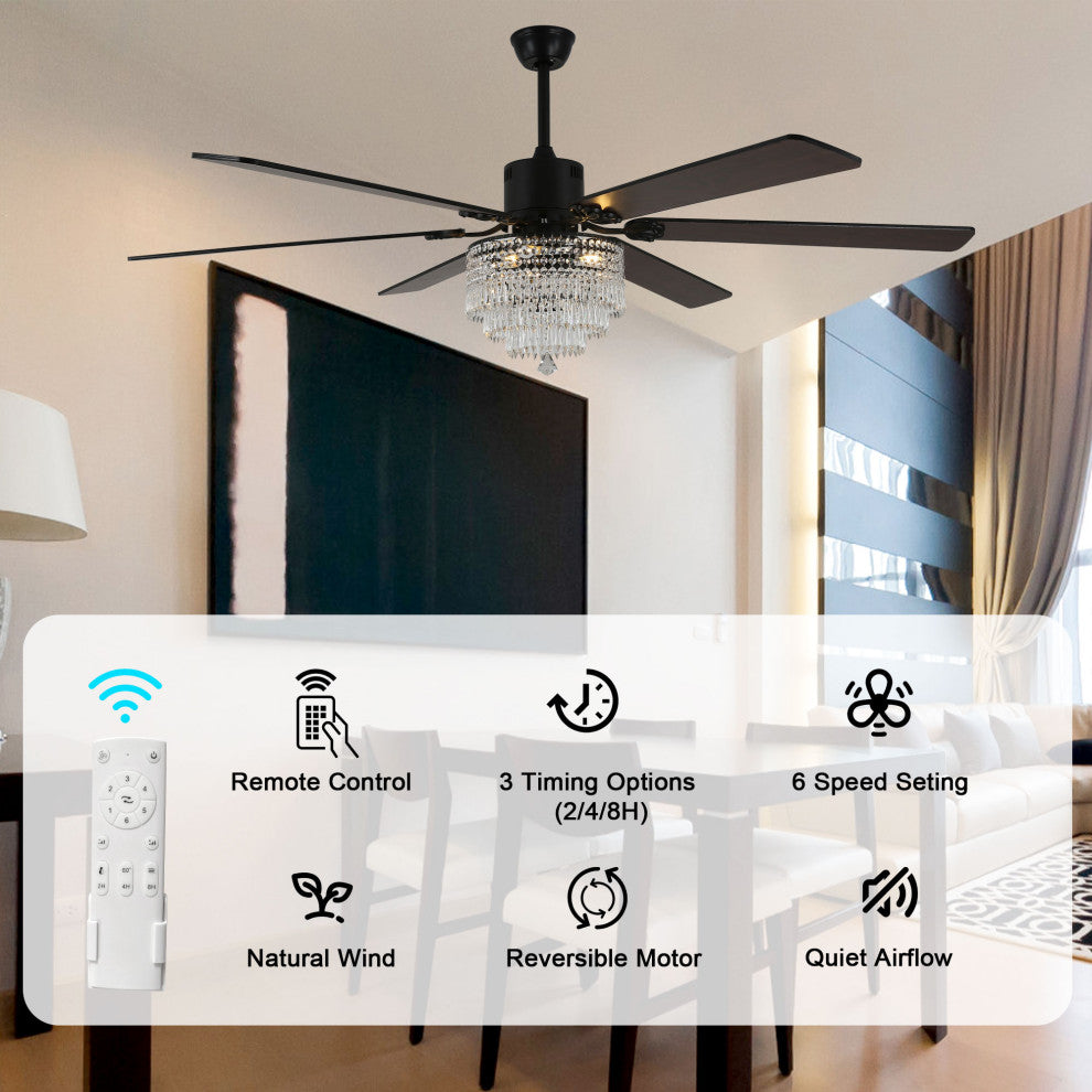 65 inch Crystal Ceiling Fan with Light  and Remote,6-Speed Reversible, Black