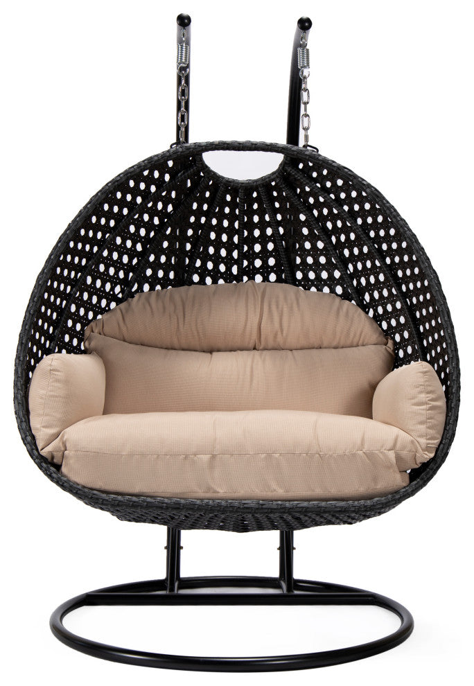 LeisureMod Mendoza Charcoal Wicker Hanging Double Egg Swing Chair, Beige