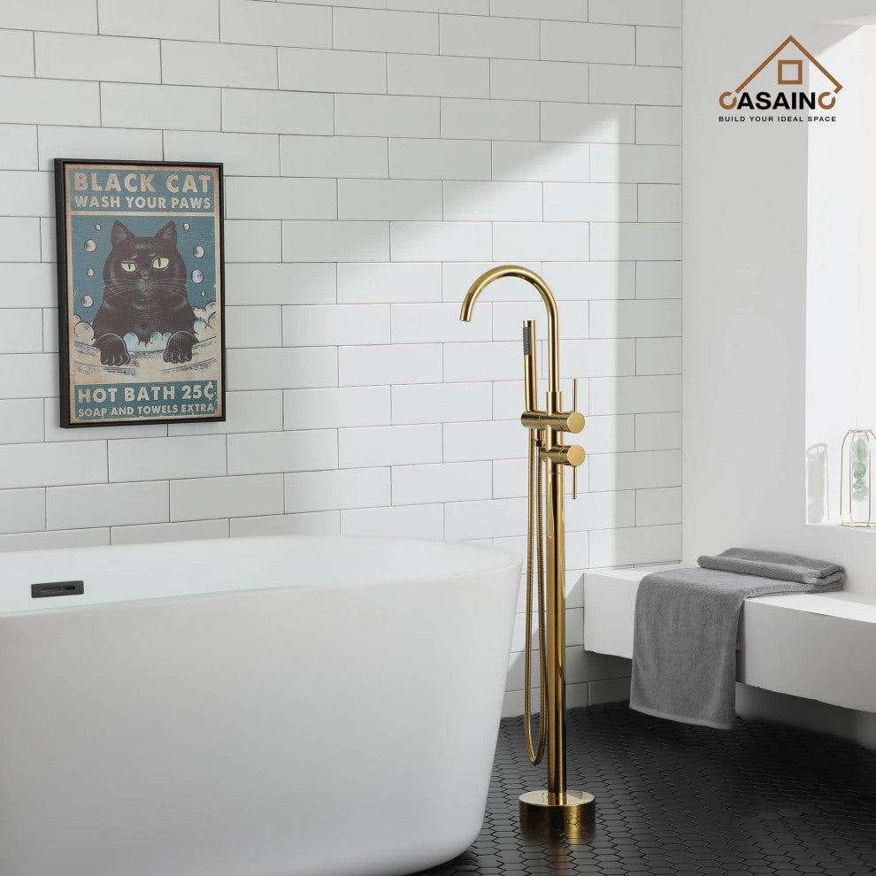 Freestanding Bathtub Faucet Hand Shower Floor-Mount High-arc Tub Faucet 2-Handle