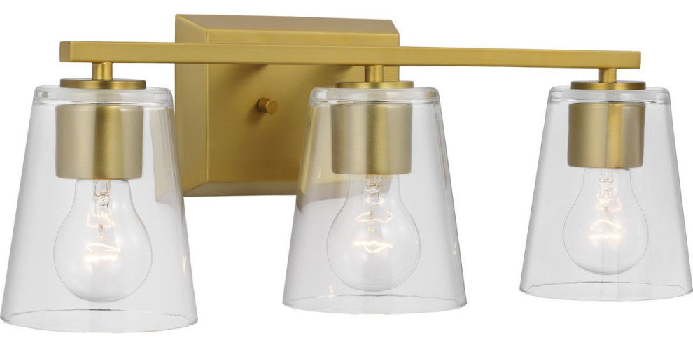 Vertex Collection Three-Light Brushed Gold Clear Glass Contemporary Bath Light
