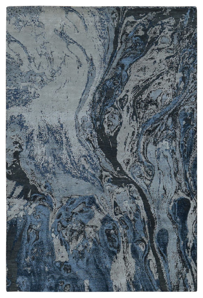 Blue, Geological Design, Wool and Pure Silk, Hand Knotted Rug, 6'x9'2"