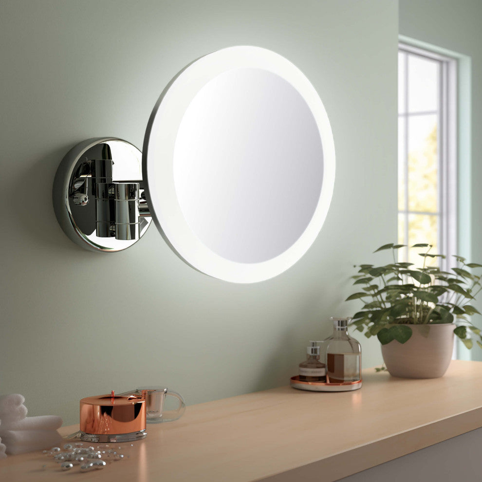 Circular LED Wall Mount One Side 5x Magnifying Make Up Mirror, Chrome