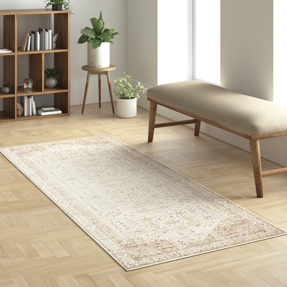Ayla Beige Traditional Bordered Waterproof Area Rug, 2' X 5'