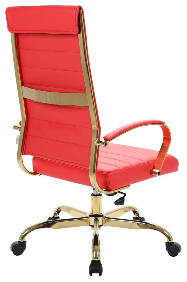 LeisureMod Benmar High-Back Leather Office Chair With Gold Frame Red