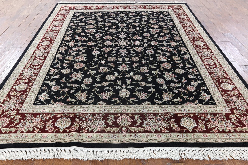 8'x10' Black Herati Design Floral Wool & Silk Tabriz Hand Knotted Area Rug H8798