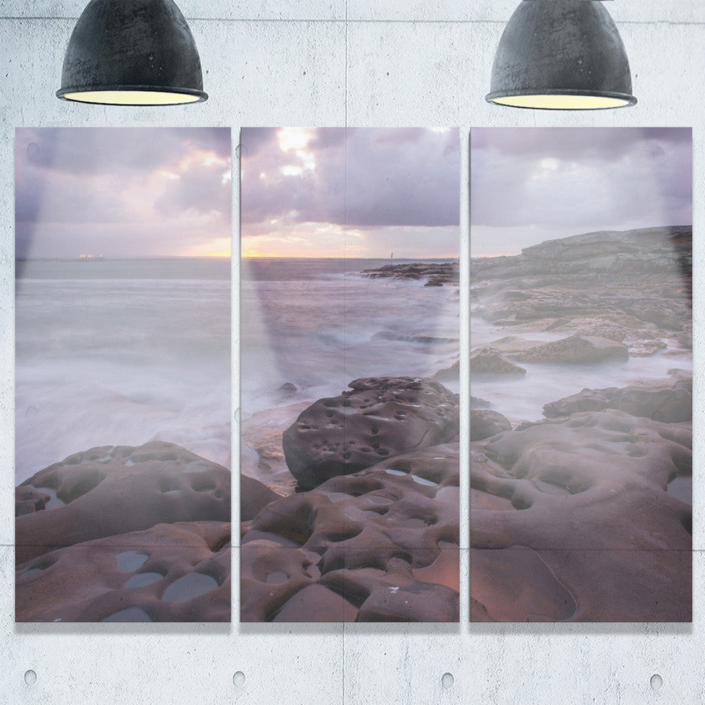 "Dark Australian Seashore With Rocks" Metal Wall Art, 3 Panels, 36"x28"
