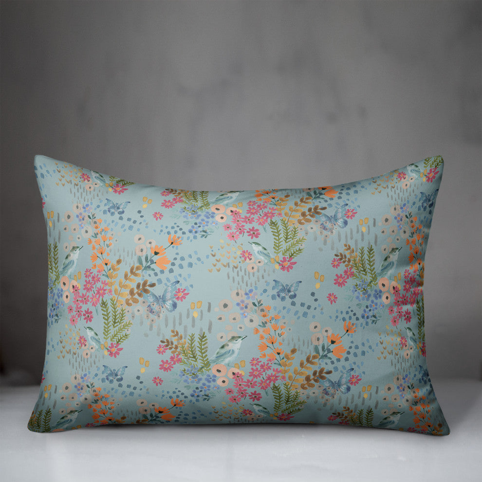 Butterfly Bird Floral on Blue 20x14 Spun Poly Pillow