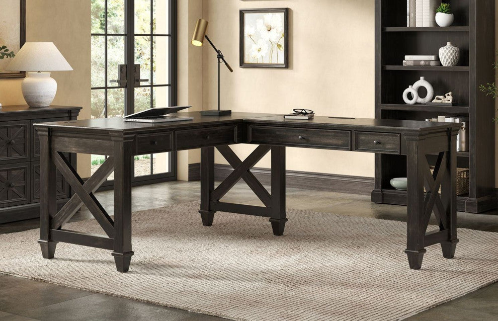 Traditional Wood Open L-Desk and Return Dark Brown