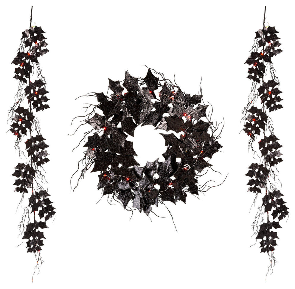 Lighted Halloween Bat Garland and Wreath, Swirling Pattern