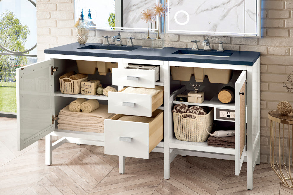 Addison 60" Double Vanity Cabinet, Glossy White, Charcoal Soapstone, Three-Hole