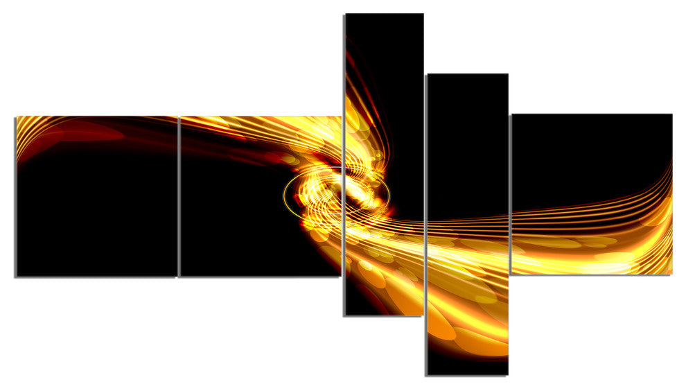 Glowing Golden Lines and Circles, Large abstract art, 60"x32", 5 panels