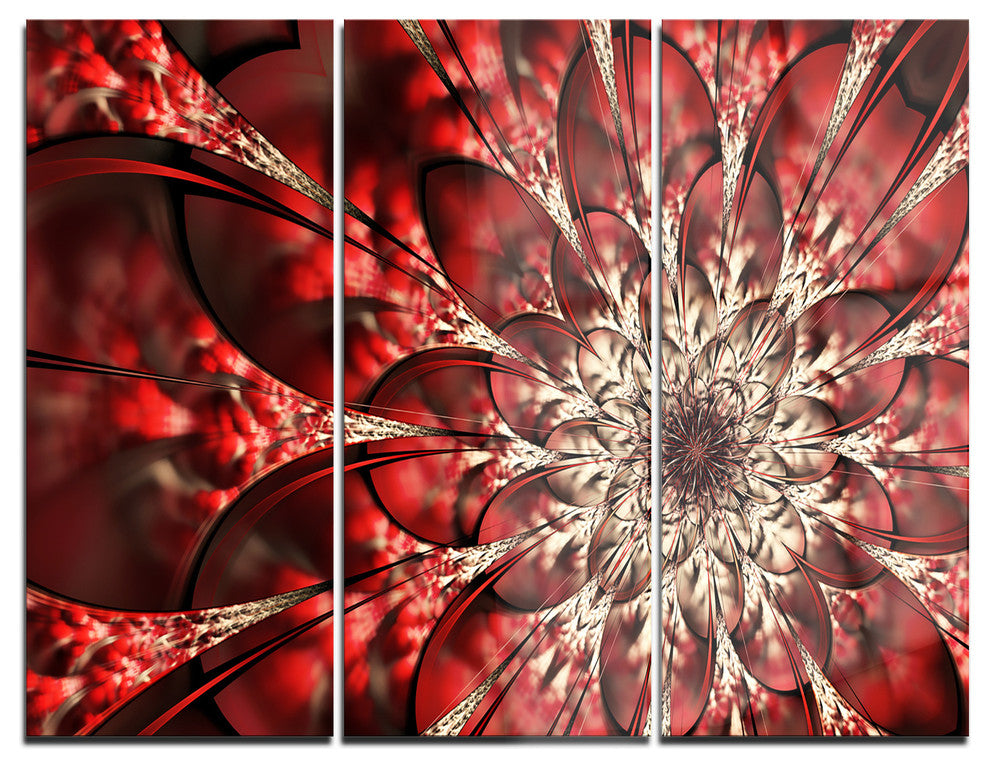 "Red Symmetrical Flowers Pattern" Metal Wall Art, 3 Panels, 36"x28"
