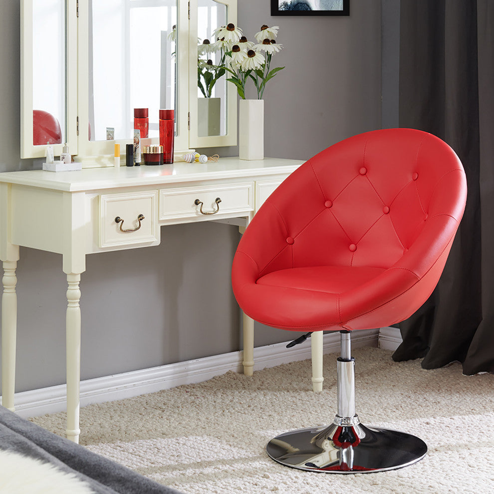 Button Tufted Swivel PU Leather Papasan Chair, Red