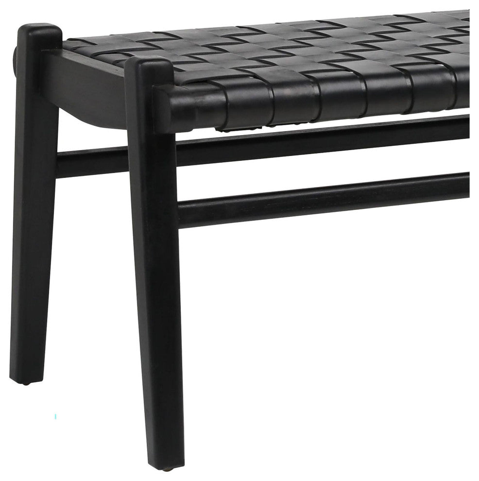 Alora 45" Teak and Black Woven Leather Bench
