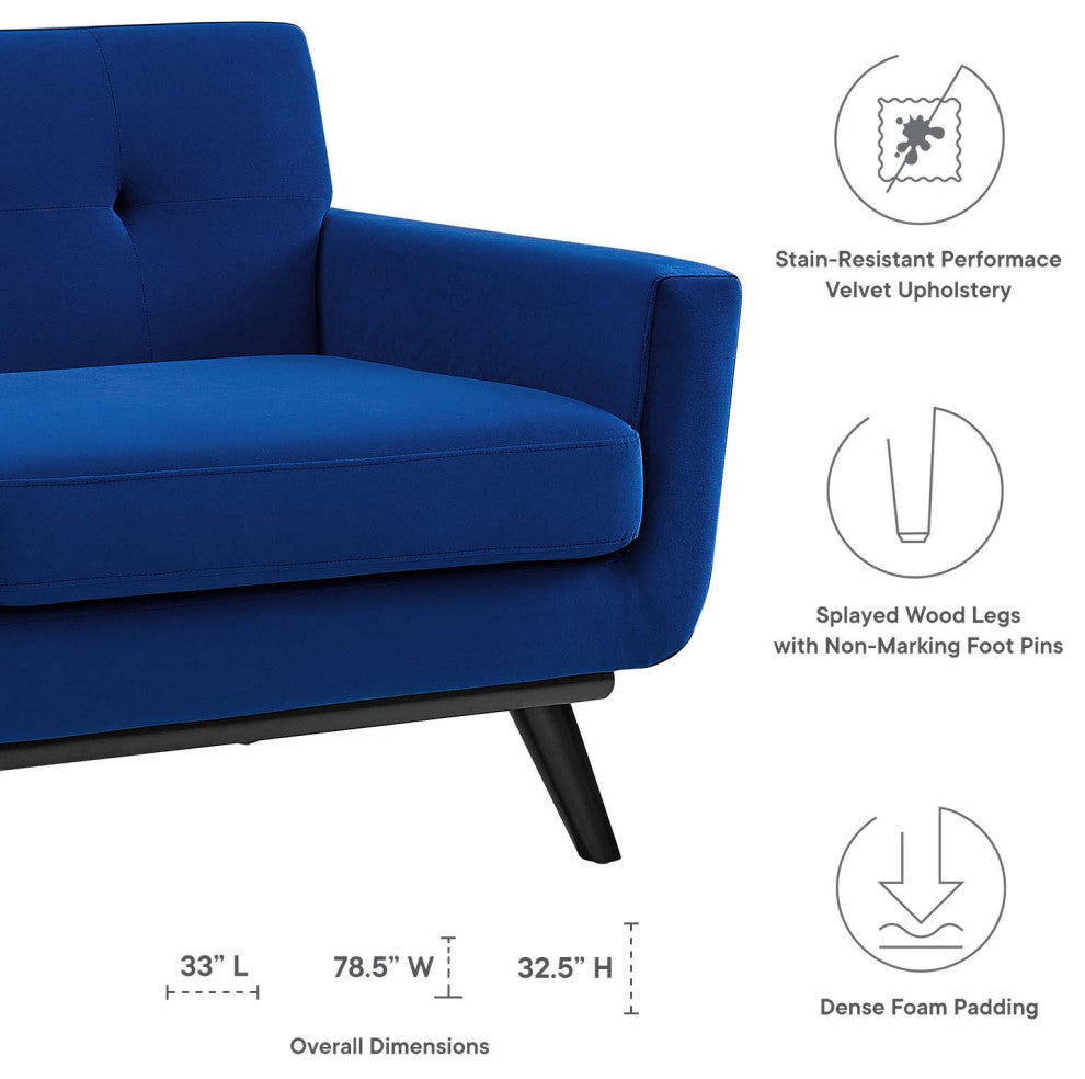 Loveseat Sofa, Blue Navy, Velvet, Modern, Mid Century Hotel Lounge Cafe Lobby