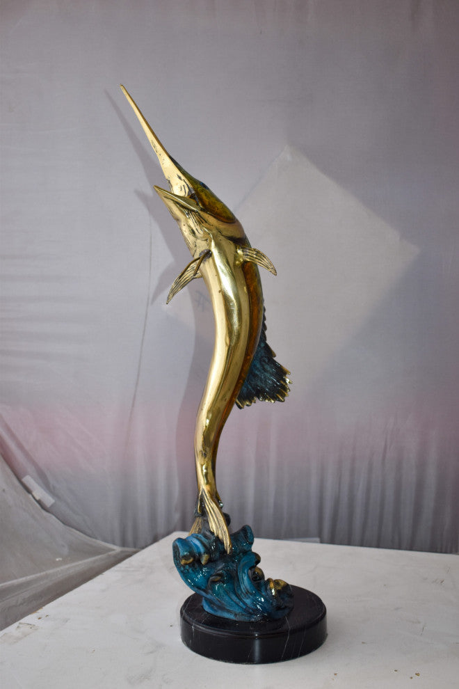 Upright Fierce Marlin Jumping Off the Water Bronze Statue  Size: 12" x 8" x 30