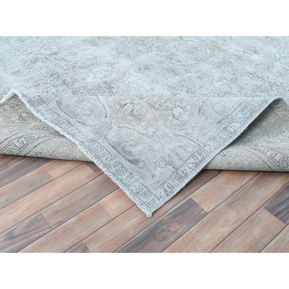 Blueish Gray, Worn Wool Hand Knotted, Vintage Persian Tabriz Rug, 9'4"x12'3"