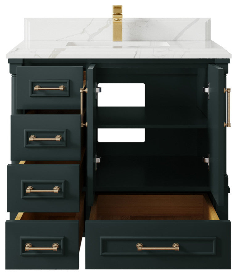 Aberdeen 36 Center Sink Bath Vanity in Dark Forest Green 1.5" Calacatta Laza