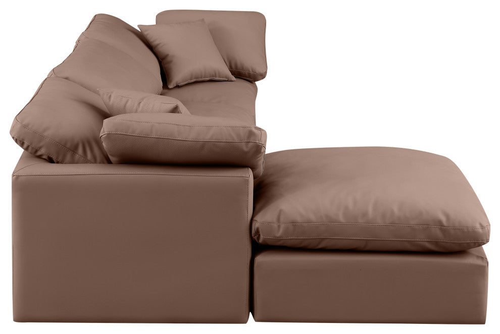 Indulge Upholstered Modular L-Shaped Sectional, Brown, 4-Piece: 1 Armless Chair, 2 Corner Chair, 1 Ottoman, Fiber Stuffed Vegan Leather