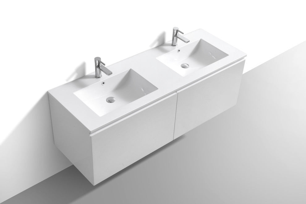 Balli 60'' Double Sink Wall Mount Modern Bathroom Vanity, High Gloss White