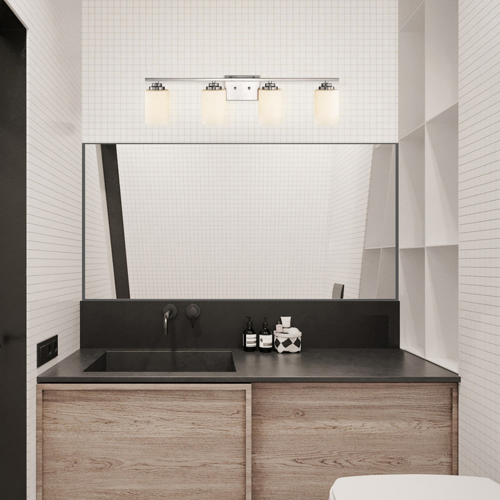 4-Light Brushed Nickel Vanity Lights With White Etched Glass Shades