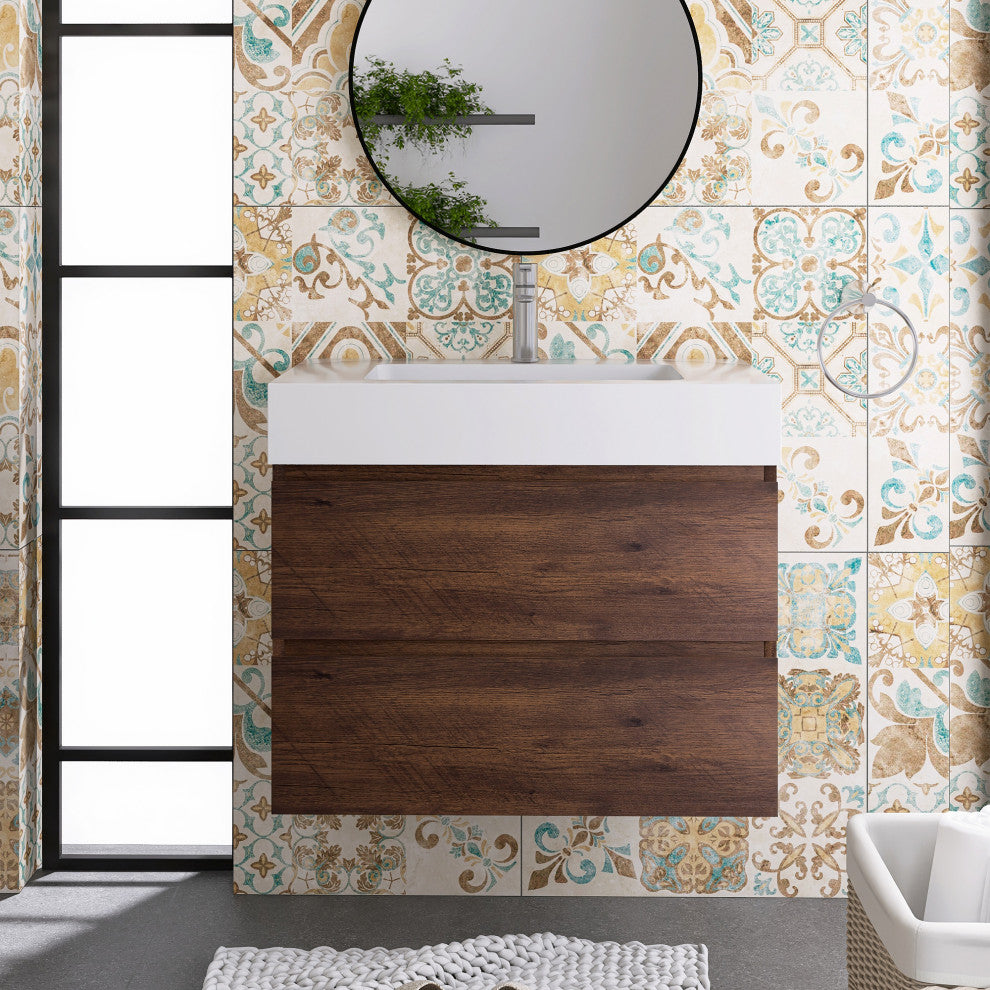Wood Wall-Mounted Bathroom Vanity Set with Integrated Resin Sink, Walnut, 30"
