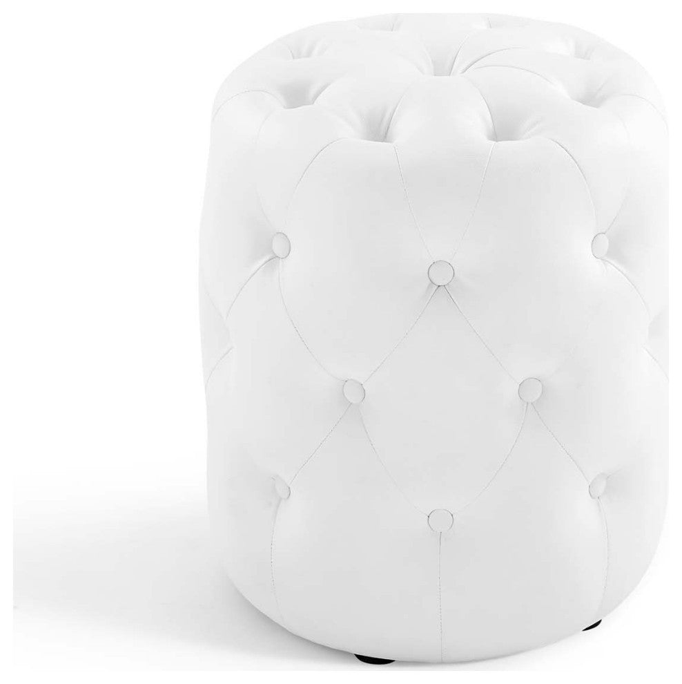 Tufted Accent Chair Ottoman, Round, Faux Leather, White, Modern, Lounge