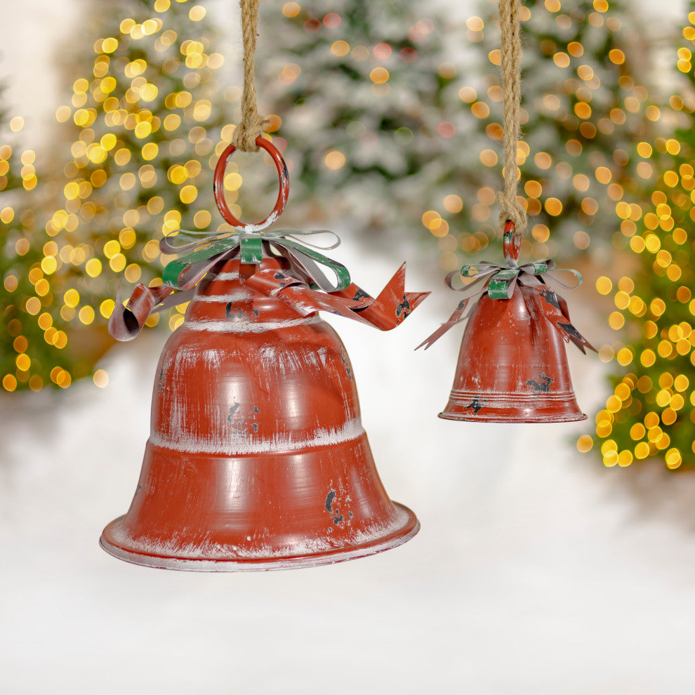 Set of 9 Assorted Sized Hanging Christmas Bells, Antique Red
