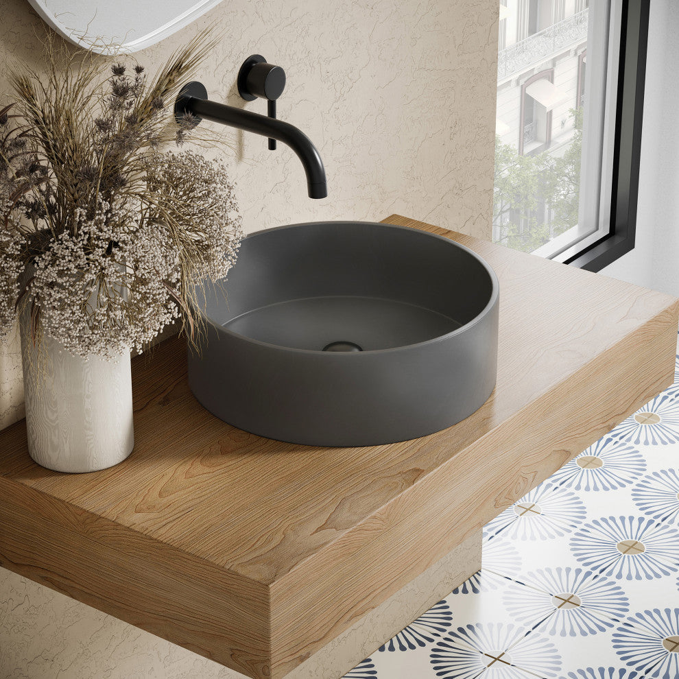 Lisse 14.5" Round Concrete Vessel Bathroom Sink, Dark Gray