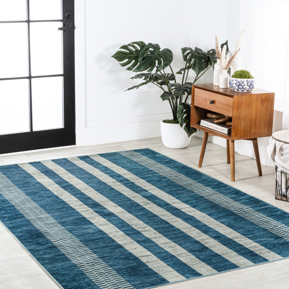 Vichy Geometric Striped Machine-Washable Blue/Cream 8 ft. x 10 ft. Area Rug