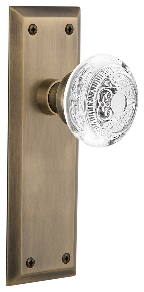 New York Plate Privacy Crystal Egg and Dart Knob, Antique Brass, 2.375"