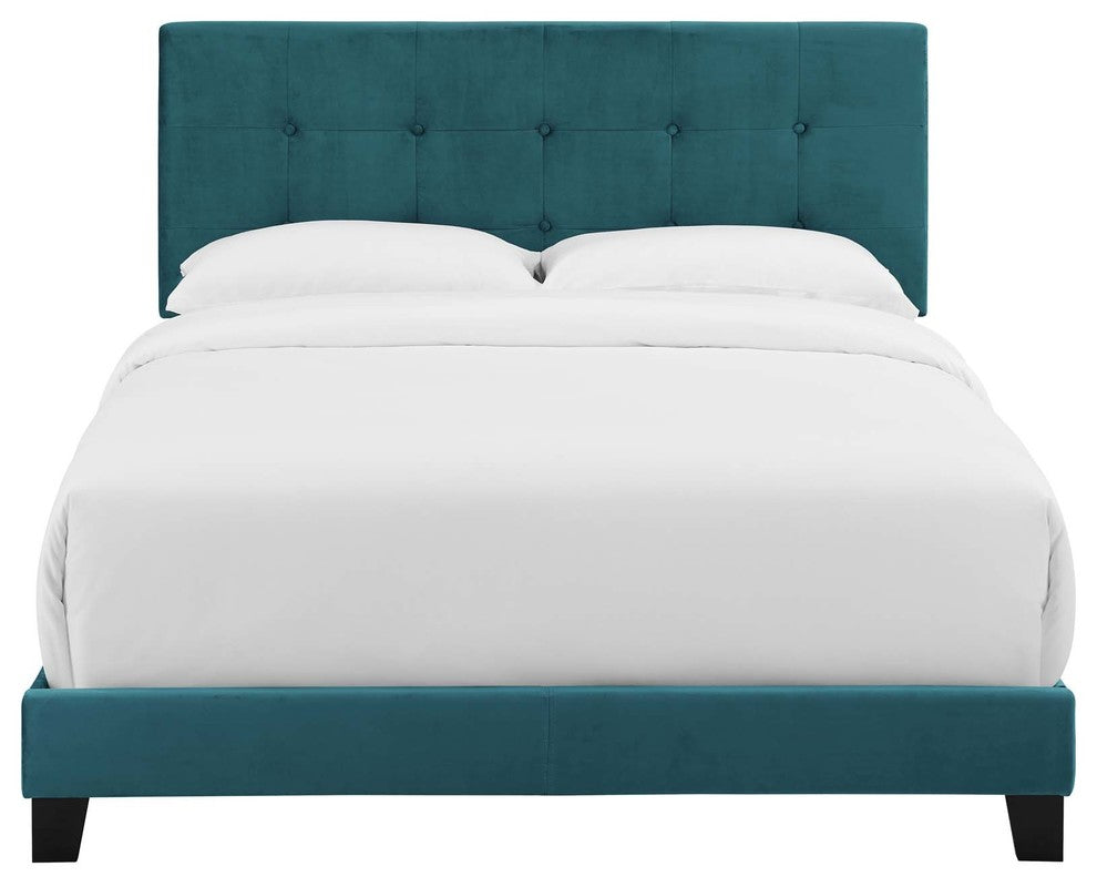 Amira King Upholstered Velvet Bed, Sea Blue