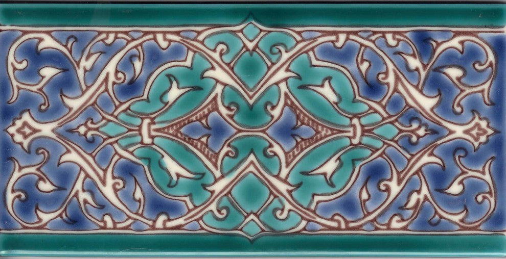 3.94"x7.87" Nozha Vert Border Handpainted Ceramic Tile, Set Of 10