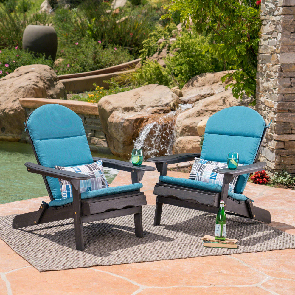 Outdoor Acacia Wood Folding Adirondack Chairs, Cushions, Set of 2, Dark Gray/Dark Teal