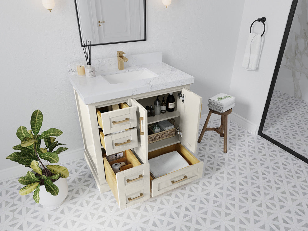 Boston 36" Center Sink Bath Vanity in Alabaster 2" Viola Gold