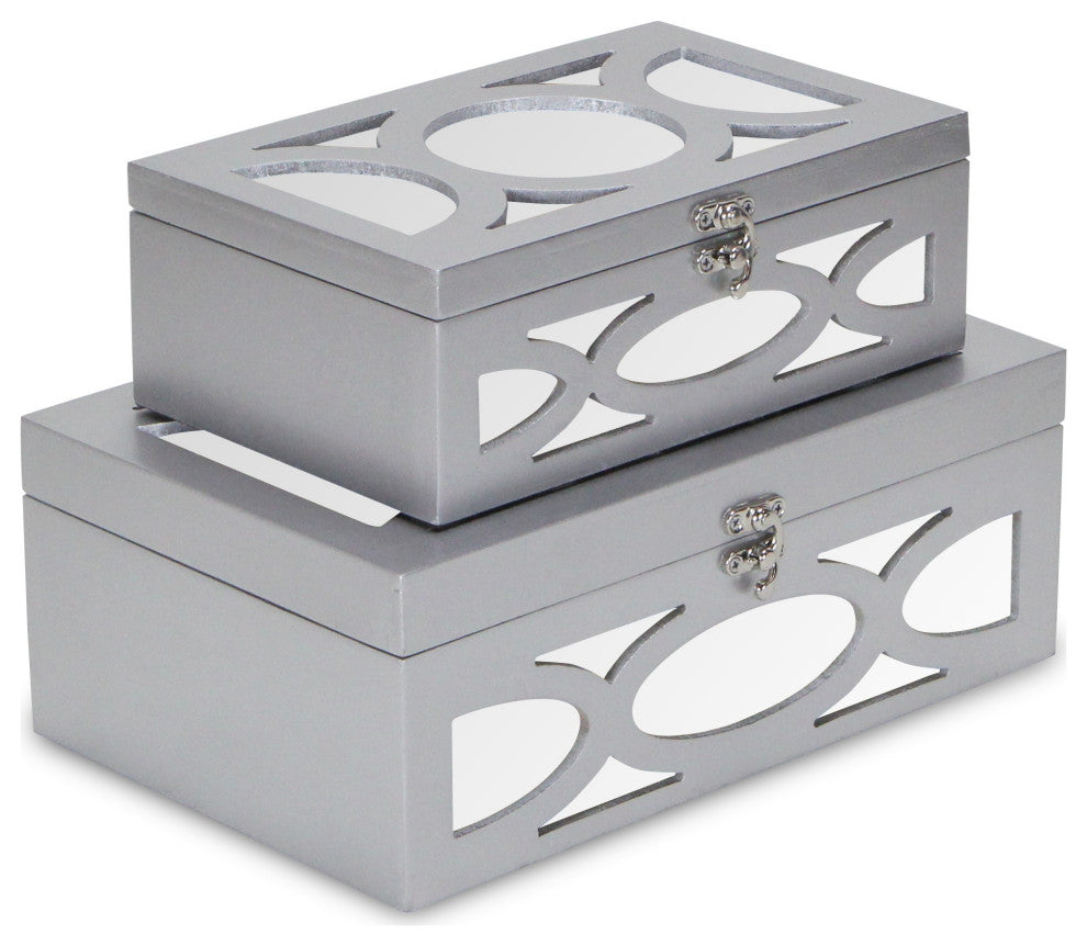 Set of Two Silver Oval Scroll Mirror Jewelry Storage Boxes