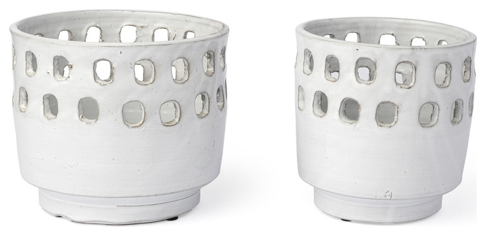 Set of Two White Ceramic Vases With Hollow Details