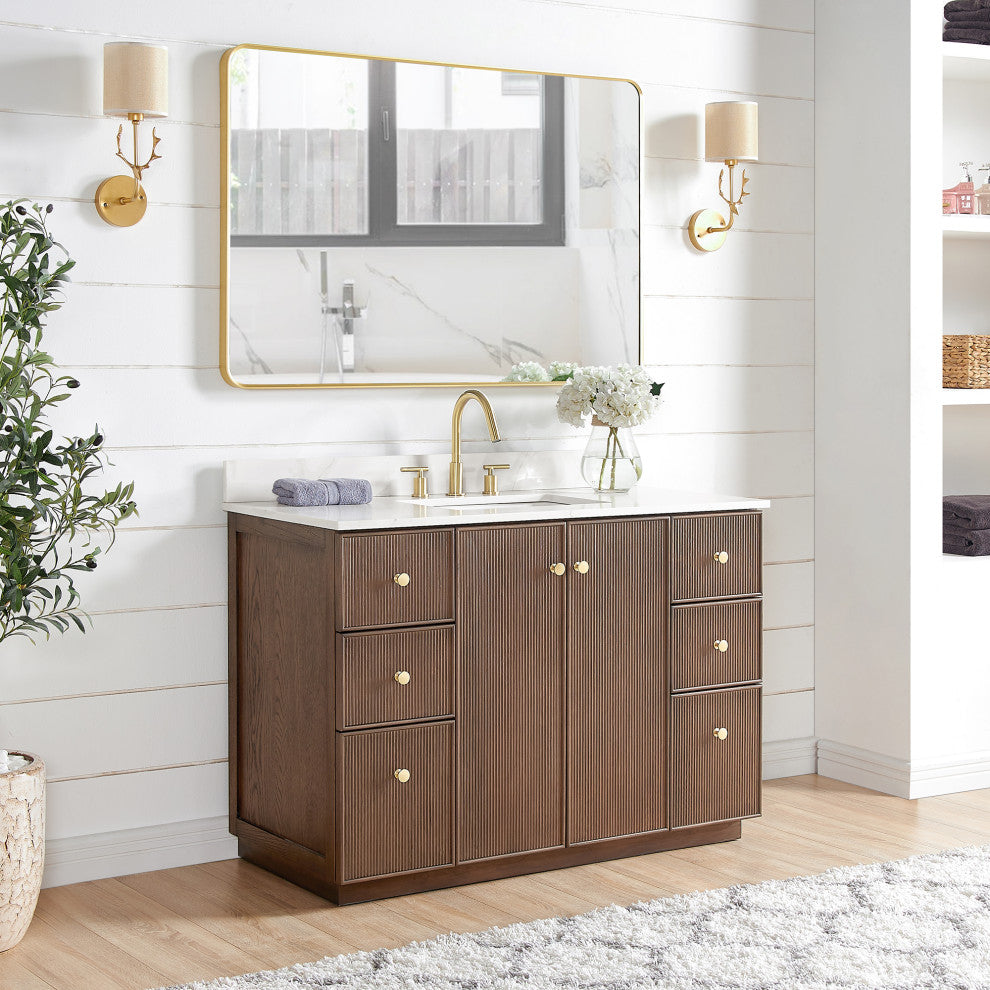Oza Bath Vanity with Quartz Stone Top, Aged Dark Brown Oak, 48", Single Vanity, With Mirror