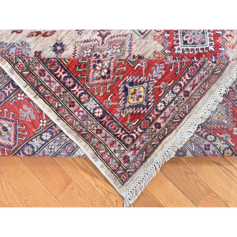 Camel Color Afghan Geometric Super Kazak Shiny Wool Hand Knotted Rug, 8'4"x10'2"