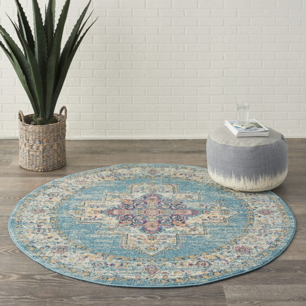 5' Light Blue Round Southwestern Power Loom Area Rug